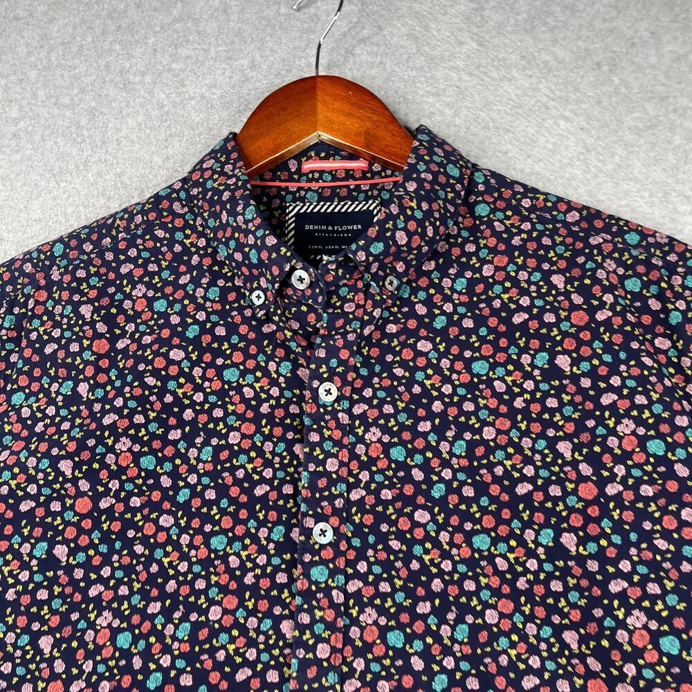 Denim & Flower Floral XL Shirt Slim Fit Colorful Button Up Short Sleeve Mens - Picture 2 of 7